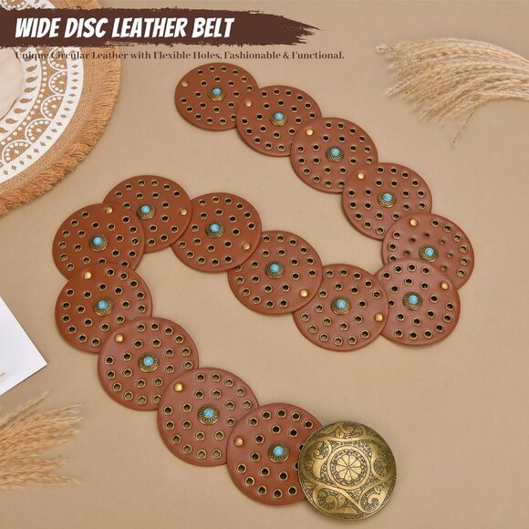 Western Faux Leather Belt for Women Boho Cowgirl Wide Disk Concho Style - Picture 2 of 7